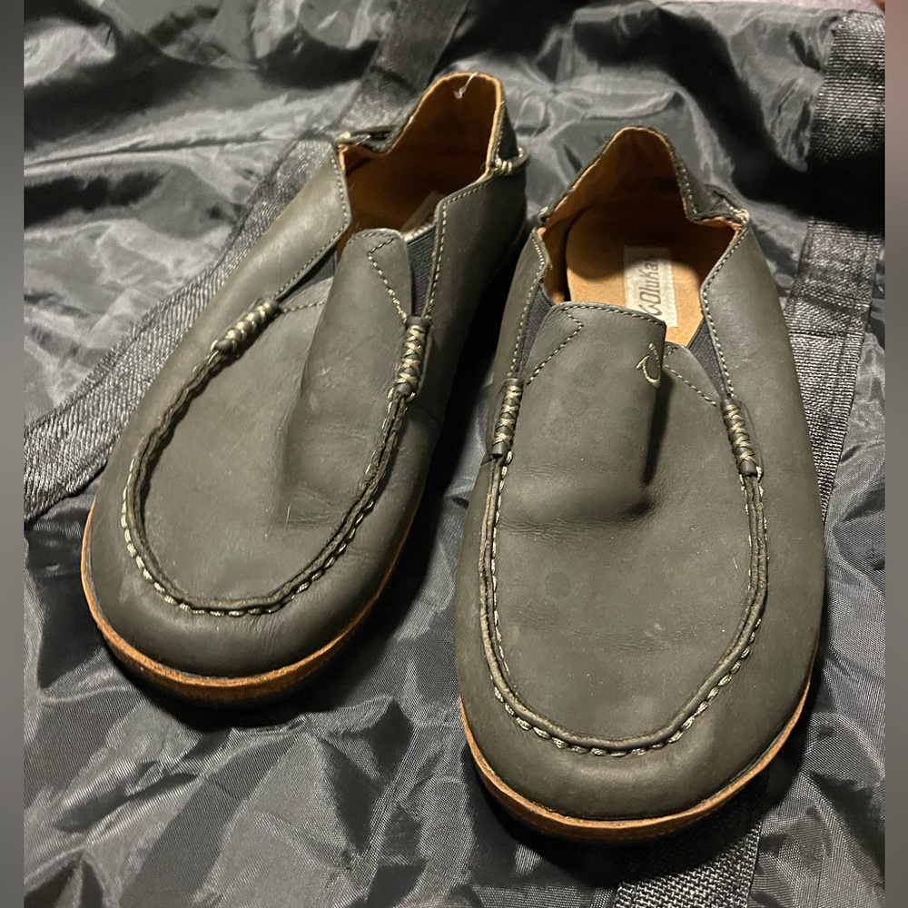 OluKai Dark Gray Leather Loafers